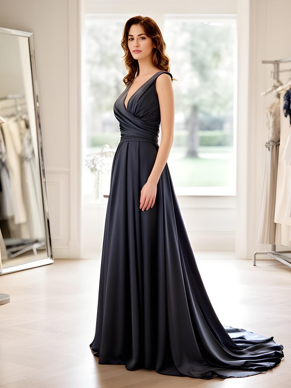 Model wearing a floor-length evening gown inside a bright London boutique near Regent's Park
