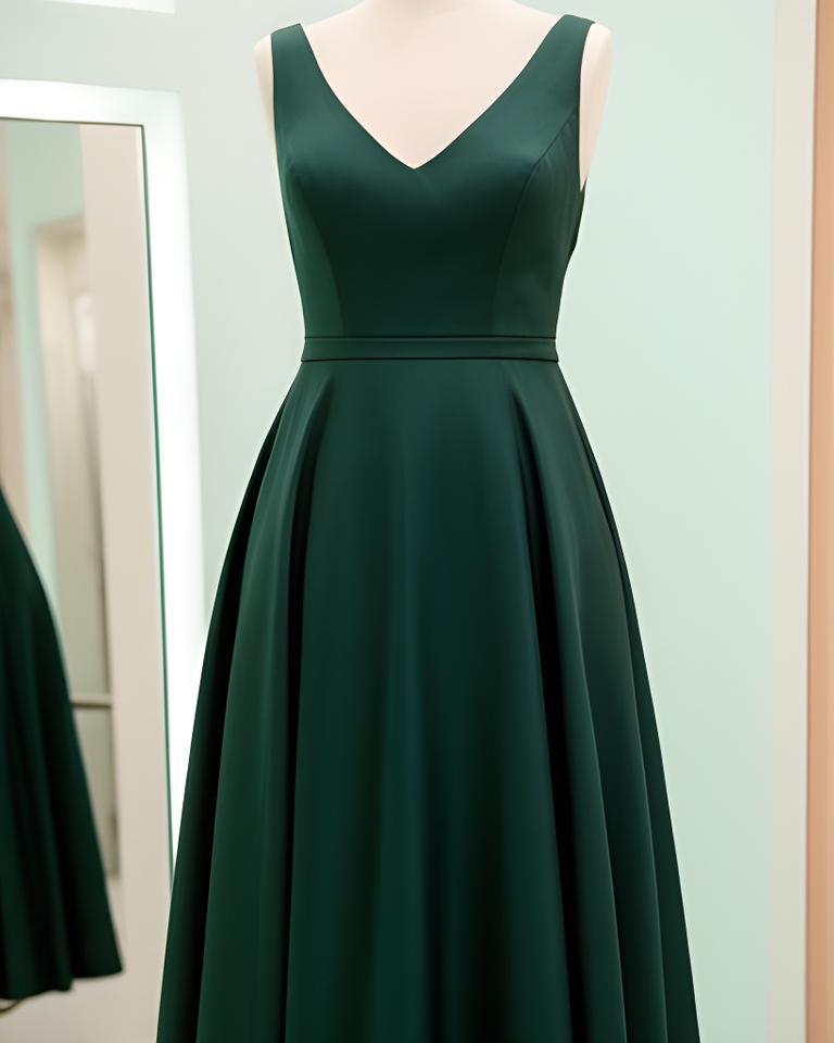 Soft satin A-line dress in deep green hanging beside a fitting mirror