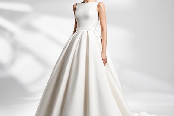 Model wearing a structured evening gown with a full skirt and clean neckline in a bright studio setting