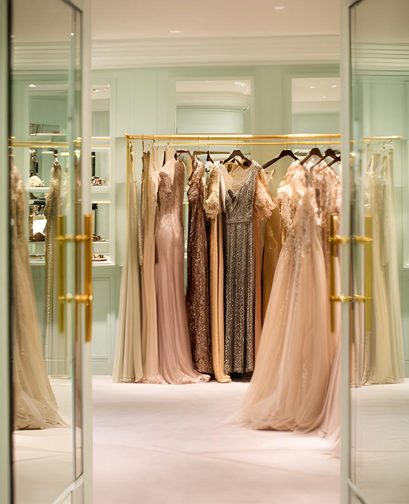 Elegant evening wear boutique interior in Regent's Park with soft lighting, mirrors and a rail of gowns