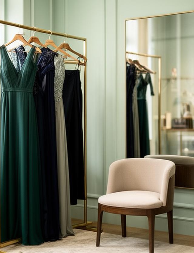 Stylish eveningwear fitting room in London with a dress rail, mirror, and soft glass table
