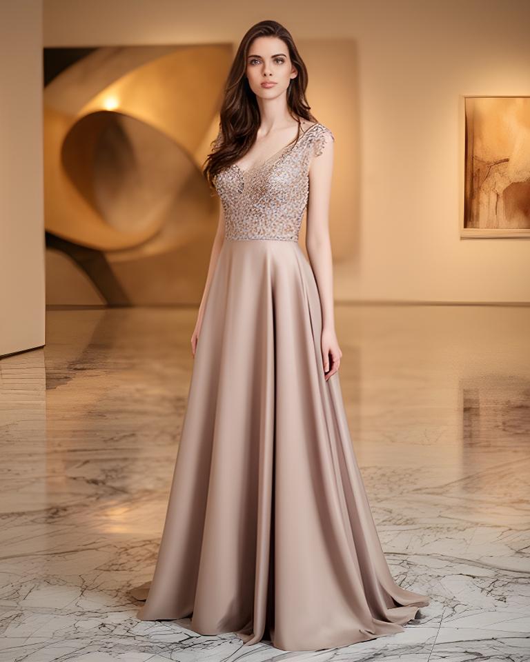 A model in a floor-length evening gown standing in a softly lit gallery setting with marble floors and warm reflections