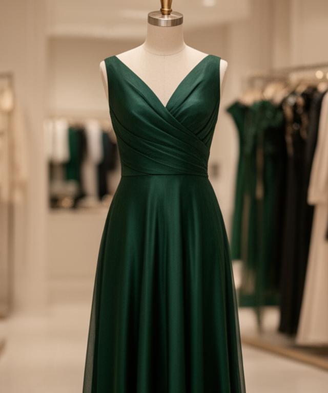 Emerald evening gown with a soft sheen displayed on a mannequin in a London boutique