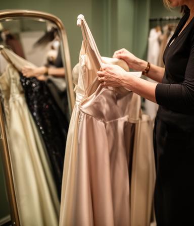 Stylist arranging evening gowns beside a mirror and fitting chair in a London boutique