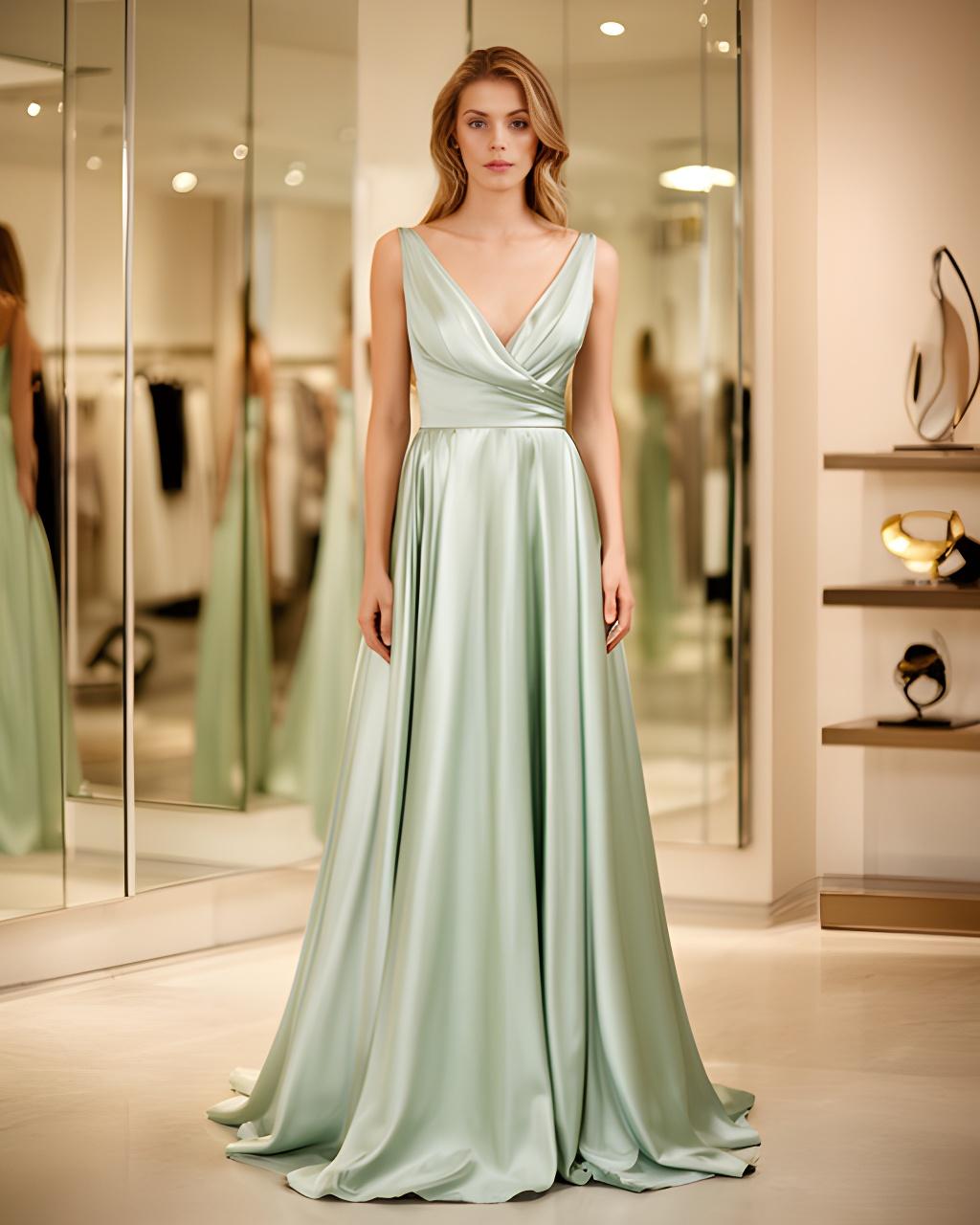 Model in a floor-length evening gown inside a softly lit London boutique with mirrored walls