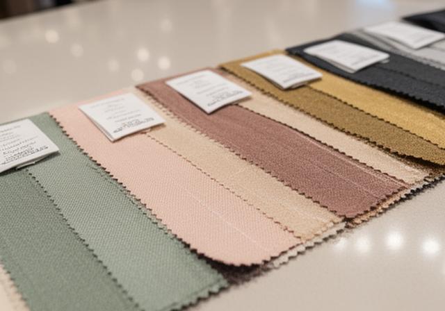 A close view of garment labels and fabric swatches laid out on a boutique counter