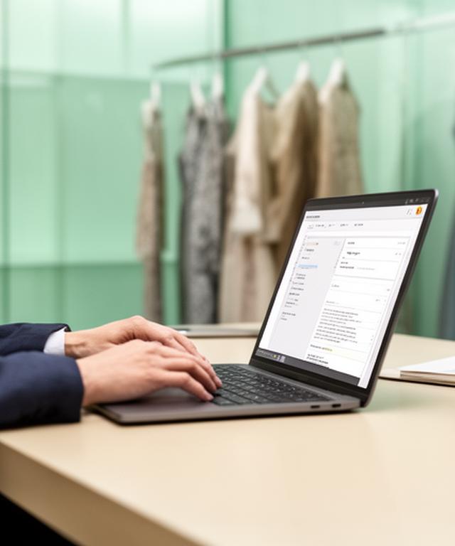 A boutique consultant reviewing an email enquiry beside a fabric rail and a laptop