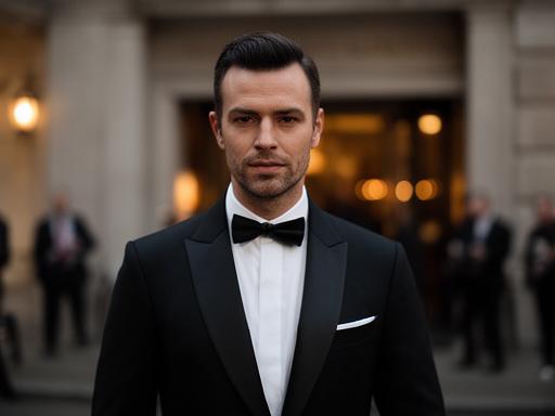Guest arriving at a black tie evening event outside a grand London venue with soft light and formal dress