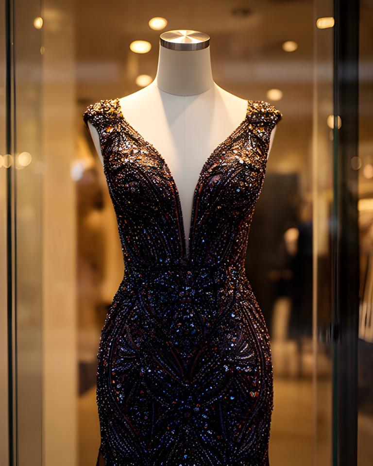 Mermaid evening dress with beadwork displayed on a mannequin in a glass-fronted boutique
