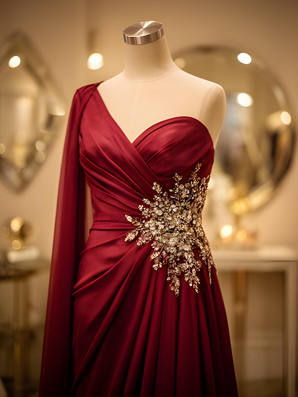Statement evening gown with hand embellishment draped on a mannequin under warm boutique lighting