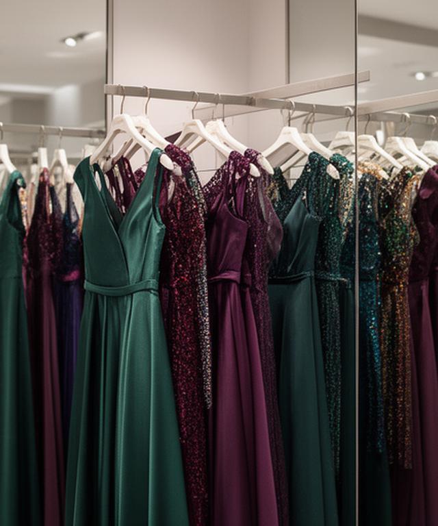 A curated rail of evening dresses in jewel tones inside a London boutique with mirror reflections