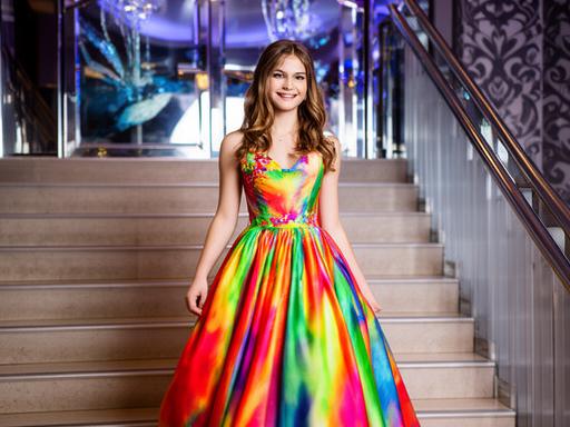 Young woman in a bright prom gown near a staircase with reflective lighting and formal entrance decor
