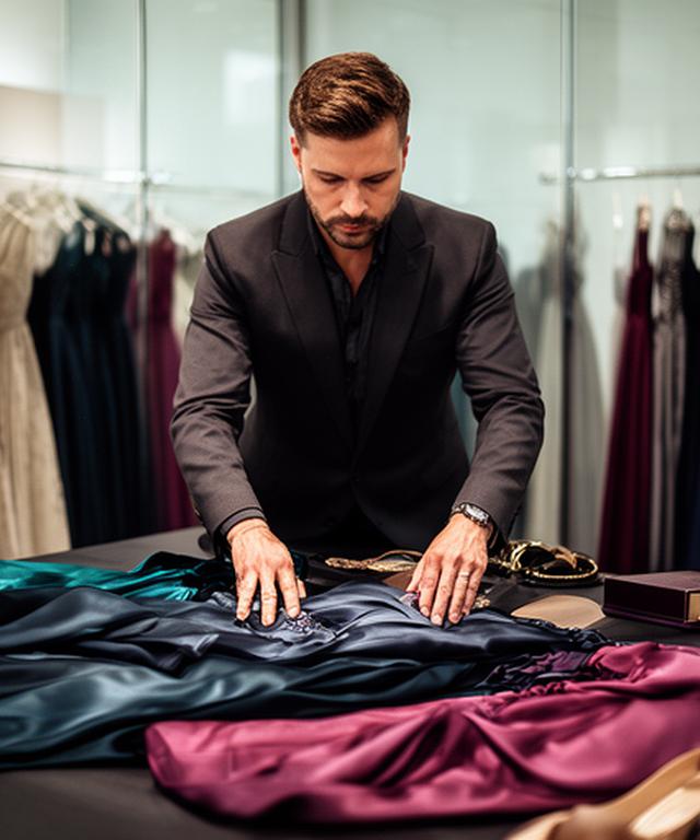 Senior stylist Owen Merrick arranging silk gowns and accessories on a boutique table