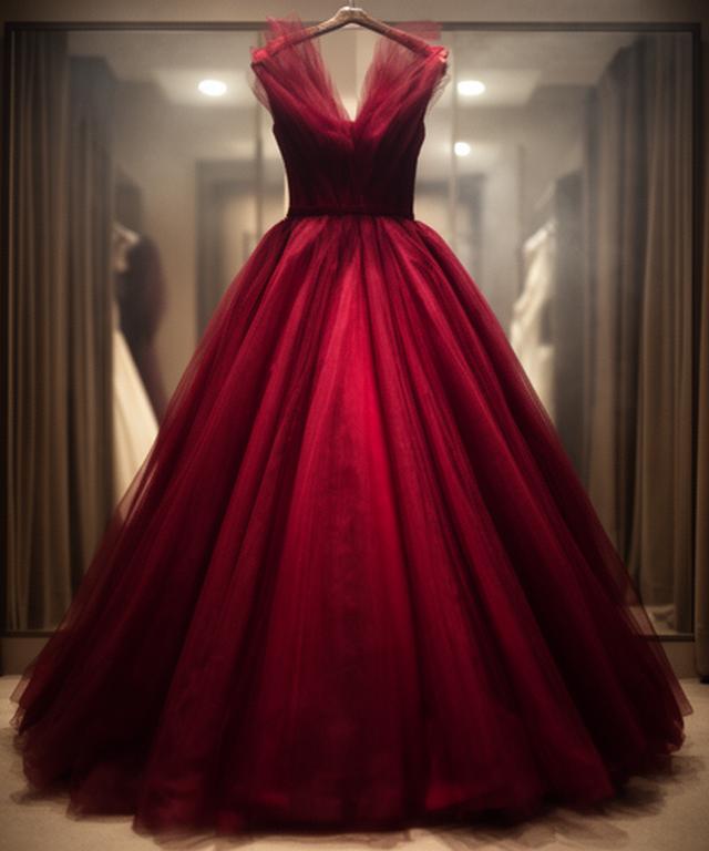 Dramatic red gown with a full skirt hanging in a softly lit fitting room