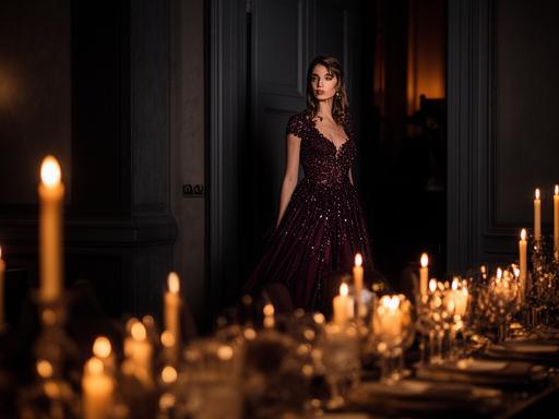 Elegant gala dinner table with candlelight and a guest in a formal gown near the ballroom doorway