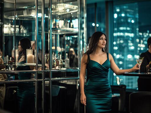 Cocktail party guest in a fitted dress beside a bar with mirrored glass and ambient city lighting