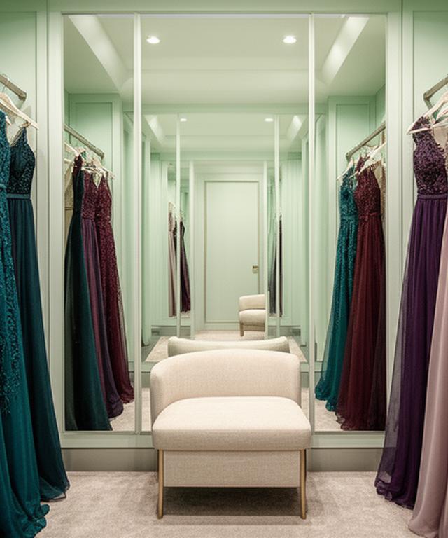 A calm boutique fitting room with mirrored walls, soft seating, and hanging evening gowns