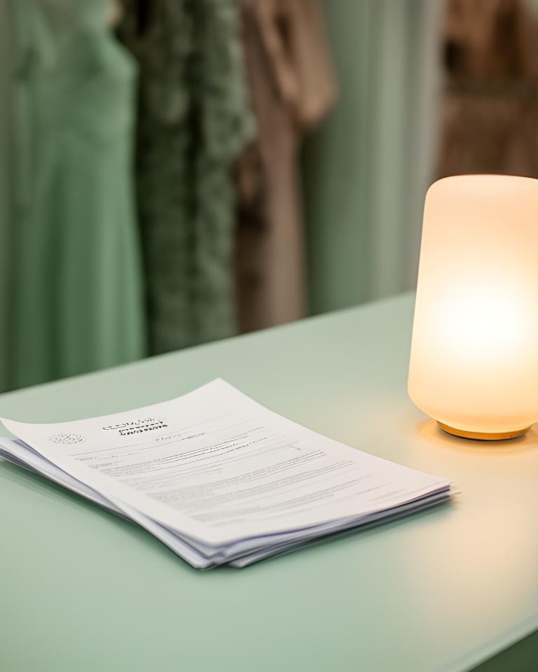 A calm eveningwear boutique consultation desk with folded privacy paperwork and soft lamp light