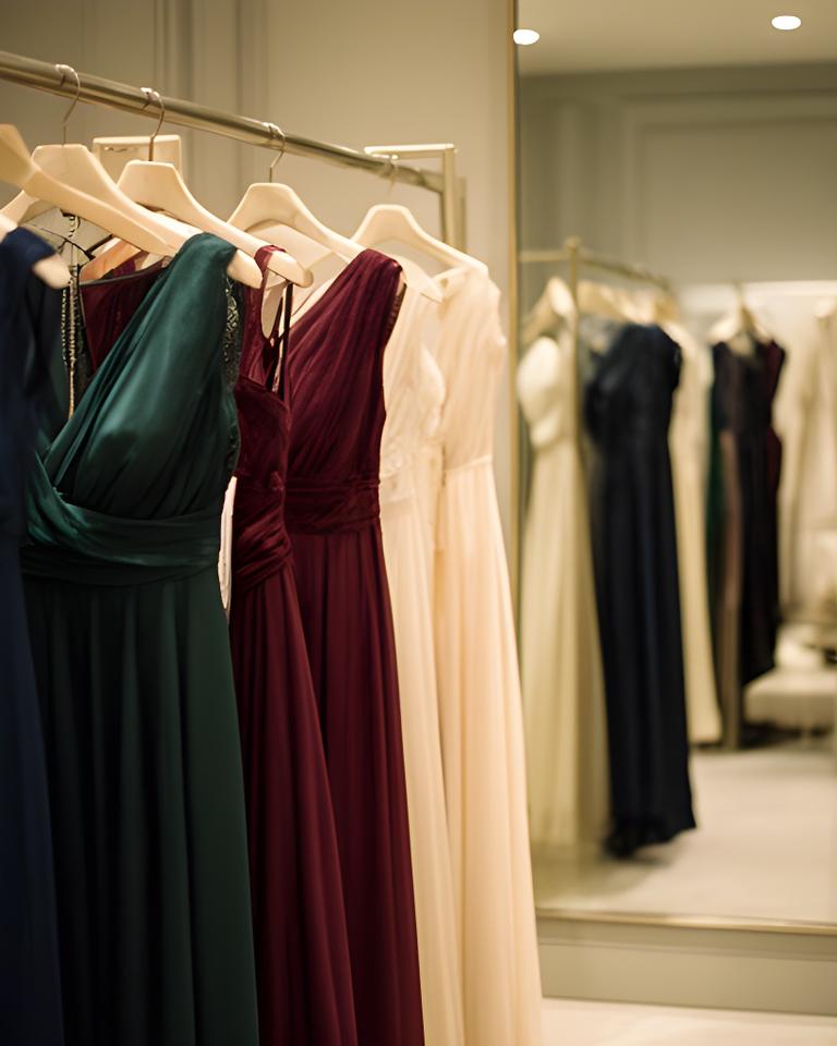 Evening dresses displayed on rails inside a softly lit London boutique