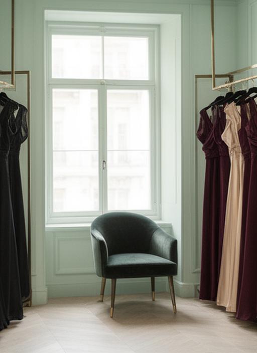 Quiet boutique interior with satin dresses, brass rails, and a velvet armchair near the window