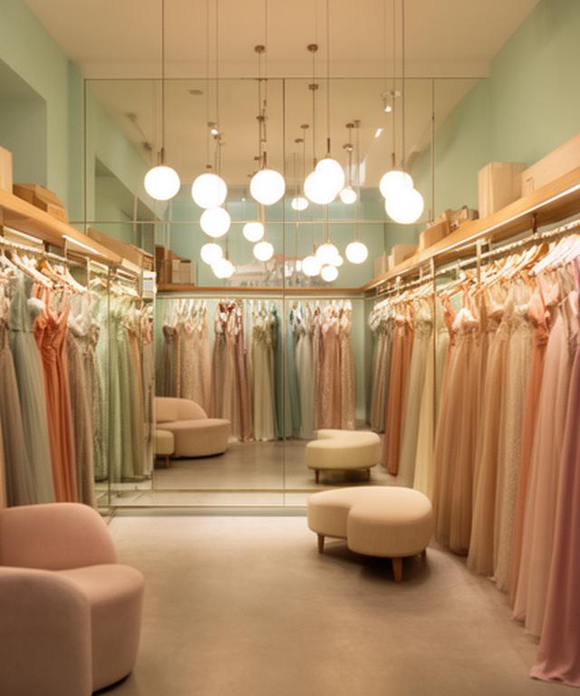 Evening wear boutique interior with mirrored rails, soft seating, and dresses arranged under warm pendant lights