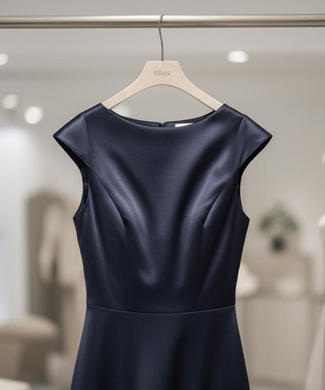 Modern cocktail dress with a fitted shape and satin finish on a boutique rail