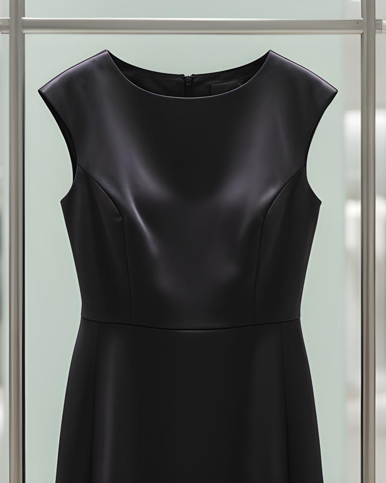 Sheath cocktail dress with a neat neckline and subtle sheen on a dress rail