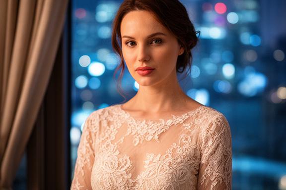 Woman in a lace evening dress near a window with city lights and delicate textured fabric visible