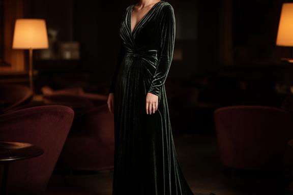 Velvet evening gown in a moody lounge with deep shadows and soft lamp light on the fabric