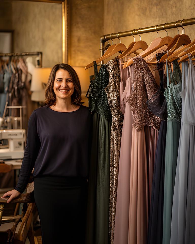Founder standing beside a rail of evening dresses inside a London atelier with warm brass details